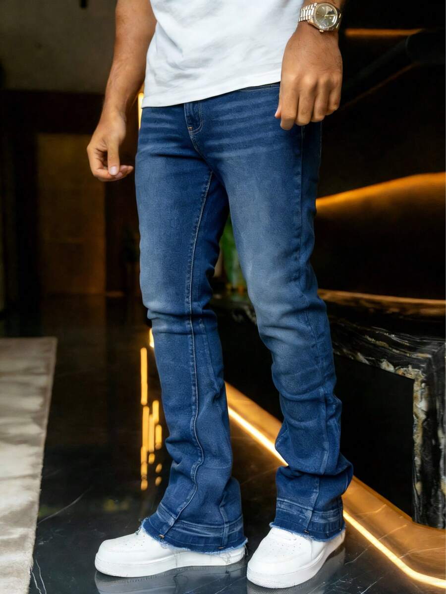 Men's Slim Fit Stretch Distressed Jeans, Casual Street Style, Suitable For All Seasons - Dark Wash - View 1