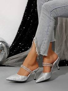 Nuevos zapatos de tacón alto con punta de rhinestone minimalista, tacón delgado, elegante y versátil, para primavera/otoño - Plateado - Ver 2