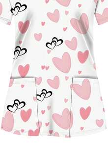 White Base Allover Print Women's Uniform Top, 2 Pockets, Nursing Scrub Shirt, Dental Clinic Workwear, Healthcare Uniform Top, Short Sleeve Nurse Shirt, Knit Fabric, 4 Seasons Spring - Multicolor - View 5