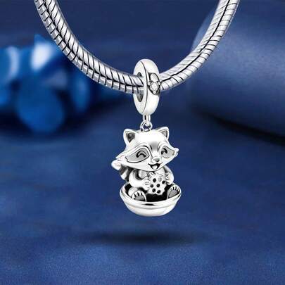 1pc 925 Sterling Silver Raccoon Eating Cookie Beaded Pendant, Suitable For Women Bracelet, Bangle DIY Jewelry Making And Daily Outfit Accessory, Ideal For Girls Wear