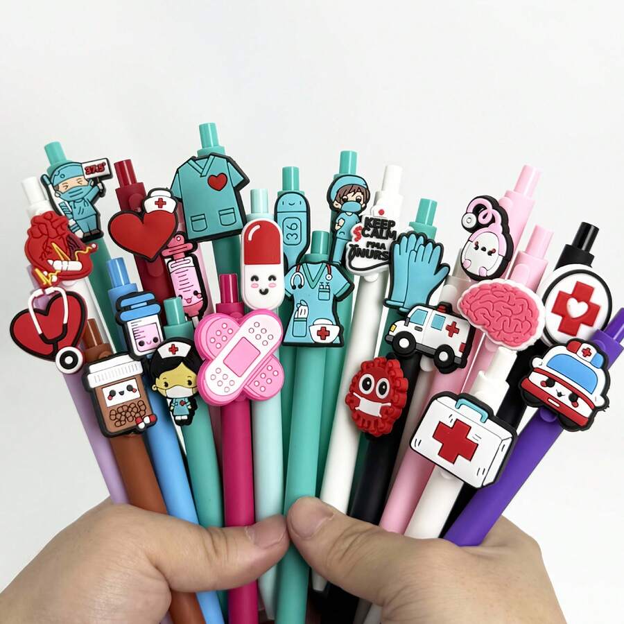 医疗主题圆珠笔，软硅胶卡通按压式圆珠笔，护士办公用品，学生油性圆珠笔 - 彩色 - 查看 1