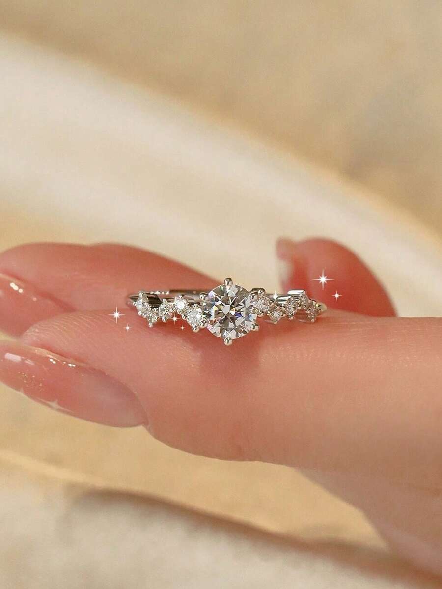 1枚闪亮锆石戒指，时尚奢华优雅的开口可调节戒指设计，适合日常佩戴、求婚、订婚、结婚周年纪念礼物。 - 銀色 - 查看 1