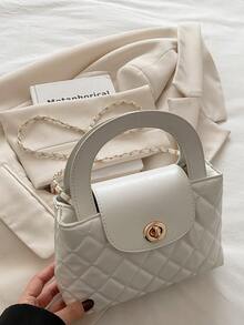 New Fashionable Versatile Textured Rhombus Embroidered Chain Strap Chic Commute & Date Shoulder/Crossbody/Top Handle Small Square Bag - White - View 6