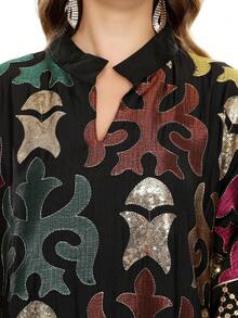 优雅刺绣串珠长袍，V领设计，奢华款式，适合沙特国庆日穿着，2025最新系列 - 黑色 - 查看 3