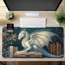 Bookish White Dragon Desk Mat: Fantasy Library Mouse Pad - The Ideal Valentine's Day Gift For Your Loved One. - Rectangle - View 4