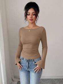 Women's Spring Fall Long Sleeve Shirts Crop Going Out Tops Casual Boat Neck Bell Sleeve Ribbed Ruched Y2K Clothes - Light Brown - View 6