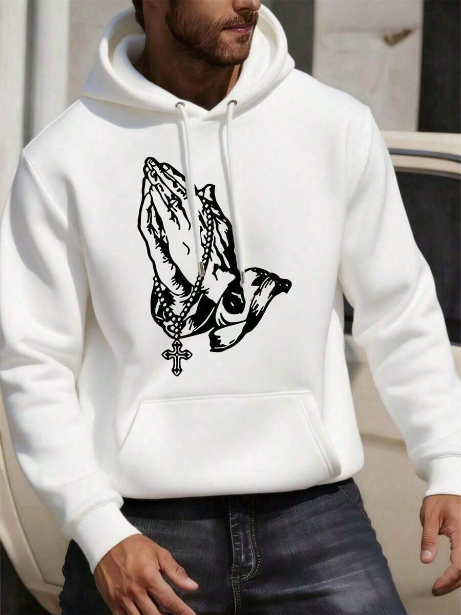 Sudaderas con capucha extragrandes con gráfico de manos rezando y cruz de rosario para hombres, ropa de invierno para niños, ajuste holgado, manga larga, sudadera con bolsillo, opciones en blanco y negro, moda de invierno, sudaderas, adecuadas para fiestas, actividades al aire ocio, regalo para hombres, regalo perfecto para las fiestas, talla S-3XL - Blanco - Ver 1