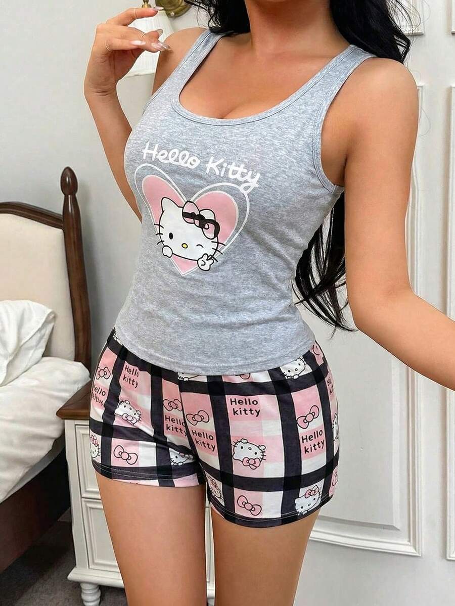 2 piezas Conjunto de pijama de mujer Sanrio, pijama estampado, top de camiseta de cuello redondo, shorts elásticos - Rosa - Ver 1