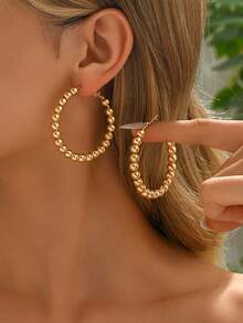1 Pair Bohemian Style Metal Beaded Hoop Earrings, Geometric Circle Earrings For Women, Elegant Accessory For Holiday, Beach - Gold - View 5
