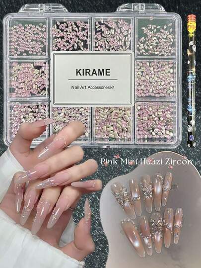  KIRAME Juego de 1200 piezas de decoración de uñas con diamantes planos rosas - 12 estilos de súper gemas brillantes para uñas, incluye bolígrafo de punteado, joyas para uñas de 1-5 mm, adecuado para salones de uñas y uso casero DIY, regalo de Navidad, Año Nuevo y San Valentín