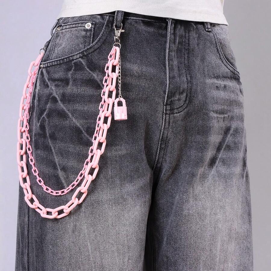 1条粉色双链腰链，朋克嘻哈亚克力挂锁裤链，时尚可爱百搭裤链 - 粉色 - 查看 1