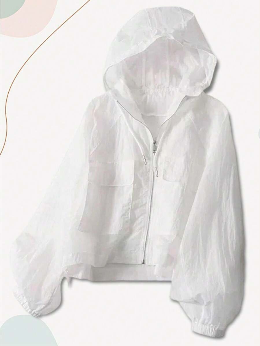 Women Sun Crop Jacket Loose Solid Color Long Sleeve Zipper Hoodie With Pockets For Summer Spring - trắng - Xem 1