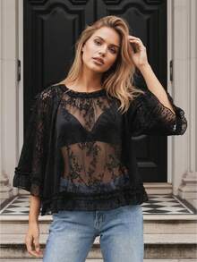Women's Summer Trendy Lace T-Shirt Long Flared Sleeve Round Neck Sheer Party Tops - Negro - Ver 1