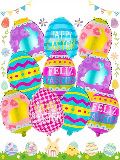 6个复活节彩蛋气球、兔子气球、铝箔气球，适合复活节兔子主题生日派对装饰，复活节彩色蛋形装饰气球，复活节派对装饰，房间主题派对场景布置，节日派对家居装饰，农舍装饰，适合复活节主题派对、生日派对用品、派对装饰套装