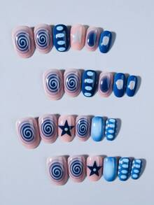 24pcs Short Oval Star & Polka Dot Nail Stickers, French Tip Design, Short Size Perfectly Fits Acrylic Nails, Includes: 1pc Jelly Gel And 1pc Nail File - Multicolor - View 3
