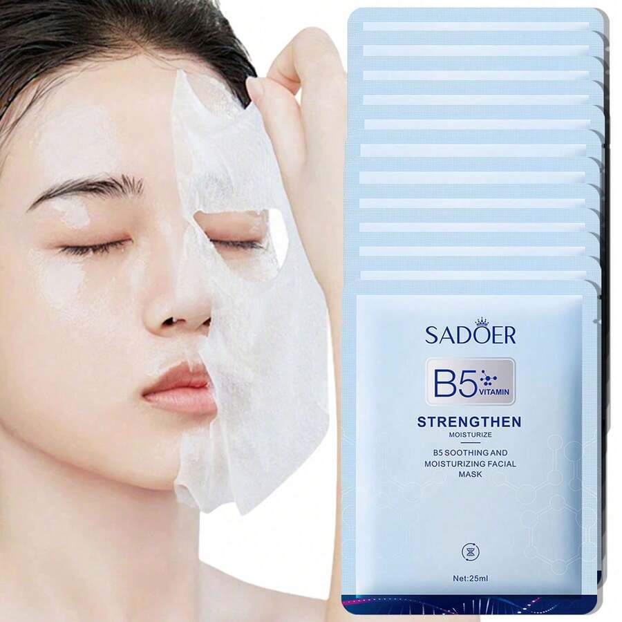 1/3/5pcs Vitamin B5 Soothing & Moisturizing Face Mask, Specially Designed For Sensitive & Redness-Prone Skin, Containing Vitamin B5 And Sodium Hyaluronate, Moisturizing And Nourishing, Quickly Soothing And Revitalizing Skin, Improving Dryness, Tightness, Roughness And Peeling, Improving Sensitive And Redness-Prone Skin.