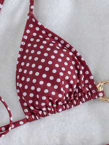 Women's Sexy & Fashionable Youthful Minimalist 2-Piece Romantic Beach Vacation Party Swimwear Set, Red Polka Dot Print With Gold Accents, Halter Neck Tie, Spring/Summer New Arrival - Red - View 5