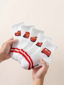 Disney 1/5双装迪士尼汽车卡通图案儿童中筒袜，黑白条纹，可爱迪士尼设计，时尚休闲透气学生袜，适合日常穿着、返校季、节日礼物 - 彩色 - 查看 3