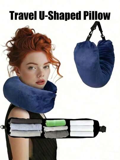 1pc Super Soft Adjustable Neck Pillow, New Travel U-Shaped Pillow With Clothing Filling, Portable Memory Foam Travel Pillow, With Large Capacity And Long Zipper Convenient Daily Essential For Lightweight Compact, With Storage Bag And Shoulder Strap, Suitable For Cars,Train & Office Use, Airplanes, For Long Flights, Business Trips, Daily Commute, Vacation, Home Rest, Sleeping Aid, Multi-Color Comfort Travel Accessories Gift