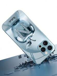 1pc Customizable 26 Letters & Name Design With Fashionable Blue Metal Apple Pattern Tempered Glass Material Phone Case, Compatible With Iphone17 ProMax/17Air/16 ProMax/15 Pro/14 Plus/13 Pro/12 Pro Max/11/Xs Max/8/7/6 Plus, S24 Ultra/S25 Ultra/A12, High-End Business Customization, Best Gift For Boyfriend, Girlfriend And Family - Blue - View 6