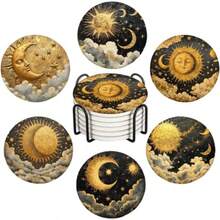 Juego de 4 posavasos redondos de cerámica absorbentes con soporte de metal y base de corcho posavasos temáticos de vida marina para mesa de centro cocina fiesta inauguración de casa-B006 - Sol y Luna Dorados - Ver 7