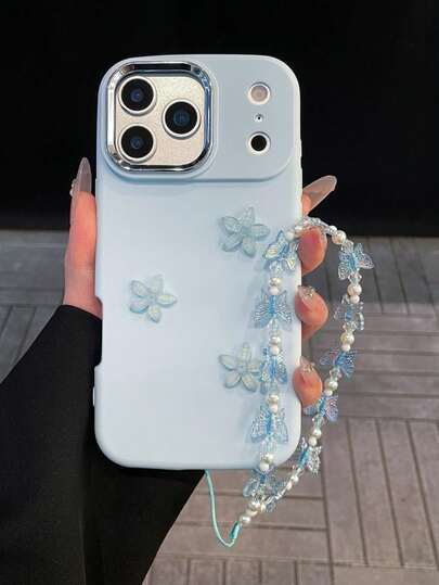 1 pieza Elegante funda de teléfono azul sólido con decoración de flor azul y mariposa, cordón, a prueba de golpes, antideslizante y resistente a los arañazos, compatible con iPhone 17/17 Pro/17 Pro Max/17 Air, 16/15/14/13/12/11/Pro/Pro Max/Plus, S20-S25/FE/Ultra, Series, regalo perfecto para cumpleaños, San Valentín y Año Nuevo