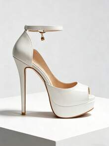 Elegant White Patent Leather Platform Heels - Peep Toe 5.9 Inch Heel Pumps With Rhinestone Ankle Strap Perfect Stilettos For Parties, Dinners & Date Nights - White - View 2