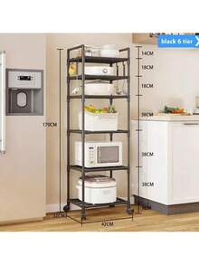 6- 8 Tier Adjustable Kitchen Shelf, Kitchen Organizer Storage, Black Metal Shelf With Hooks, Spice Rack, Kitchenware And Utensil Rack, Home Decor For Kitchen, Pantry, Bathroom, Valentine's Day, Easter Decor. - 黑色6層 - 查看 2