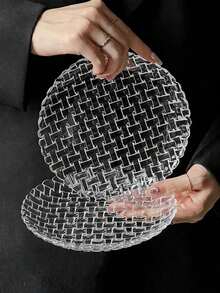1pc Creative High-End Woven Texture Glass Round Plate, Elegant Transparent Breakfast/Fruit/Dessert Serving Tray - Clear - View 10