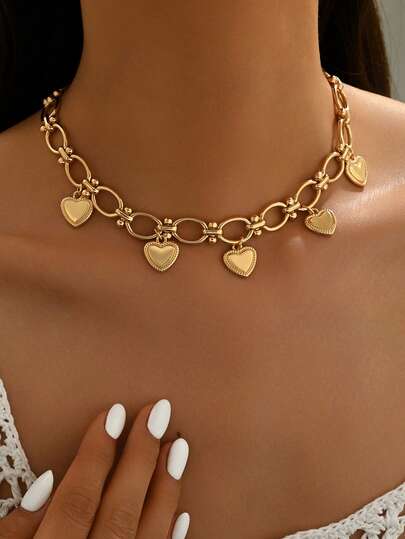 1pc Minimalist Fashionable Thick Metal Necklace, Simple Alloy Heart Tassel Pendant Necklace, Versatile Jewelry For Women, Suitable For Daily Wear, Parties, Music Festivals