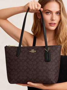 City Tote Bag In Signature Canvas Shoulder Tote Bags For Women COACH Classic Leather Printed Tote Bag Casual Bag For Daily,Shopping,Business,Travel And School,Mother's Day Leather Tote For Mom,CBT18 - 黑色1 - 查看 4