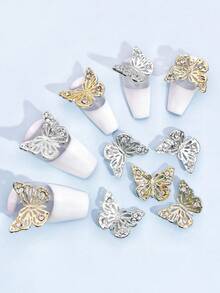 10pcs Gold & Silver 3D Metal Butterfly Nail Art Decorations, Rhinestone Butterfly Nail Jewelry, Suitable For Women Nails Nail Supplies - Multicolor - View 1