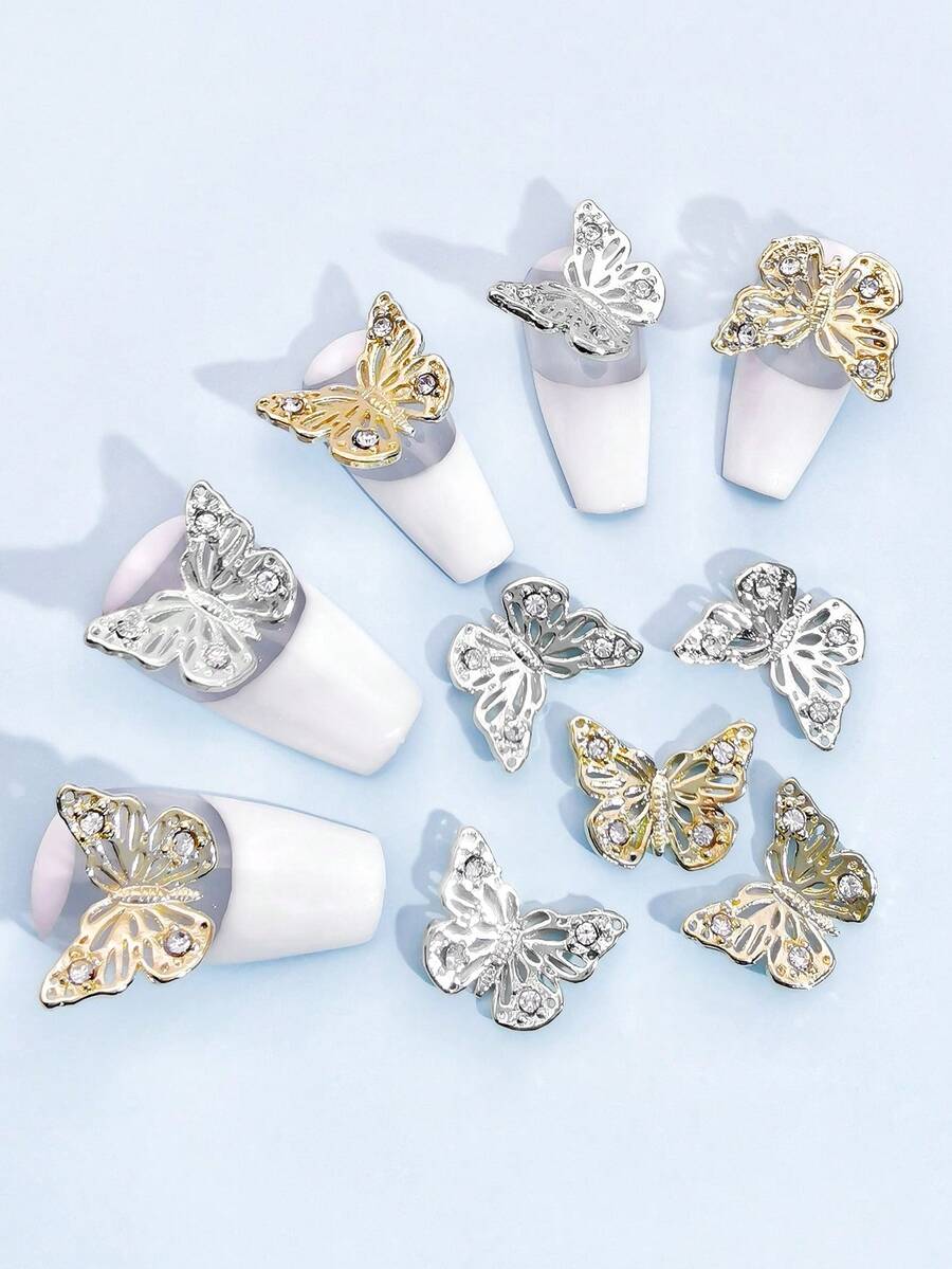10pcs Gold & Silver 3D Metal Butterfly Nail Art Decorations, Rhinestone Butterfly Nail Jewelry, Suitable For Women Nails Nail Supplies - Multicolor - View 1