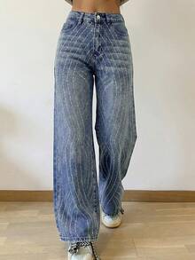 2026春季女式高腰喇叭水钻牛仔裤，时尚蓝色阔腿亮面牛仔裤，适合夜店和外出穿着，Y2K美学 - 中等水洗藍 - 查看 9