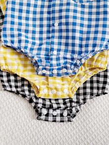 3pcs/Set Summer New Baby Boy Polo Collar Chest Pocket Embroidered Bear Plaid Short Sleeve Romper Outfit Set - Multicolor - View 6