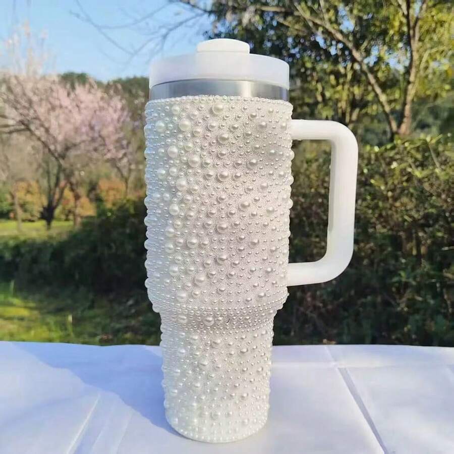A Pearl Diamond 40oz Stainless Steel Car Cup With Handle And Portable Straw, A High-Quality Insulated Water Bottle. - 白色 - 查看 1