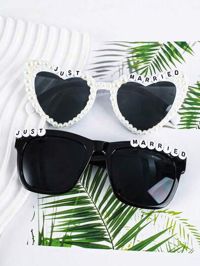 两副心形时尚眼镜 - 黑白套装，婚礼派对用品，新娘礼物，浪漫情侣拍照道具，装饰文字设计，婚礼装饰
