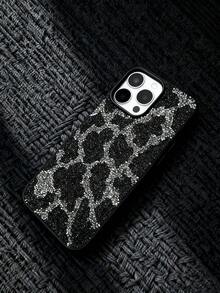 1pc Super Shiny 3D Rhinestone Full Paved Leopard Print Phone Case Compatible With IPhone 17, Fully Studded Starry Sky 16 Pro Max, 15 Leopard Print, Minimalist Fully Rhinestone 14, 13, 12 With Large Camera Hole, 11 - Black - View 3