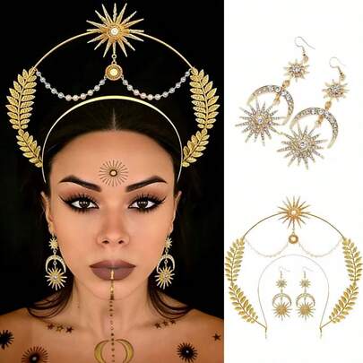 3pcs Ramadan Gold Sun Goddess Boho Baroque Headband + Hexagram Earrings Set, Hexagram Moon Headband, Elegant Headpiece & Earring Accessories Set For Eid Celebration