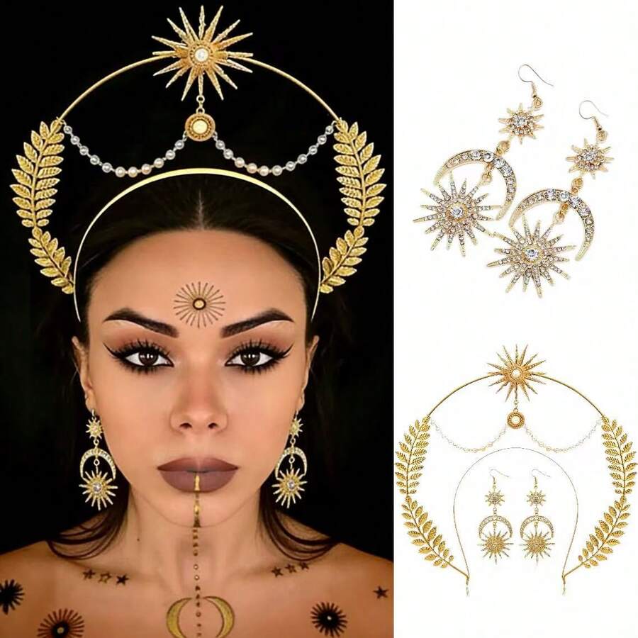 3pcs Ramadan Gold Sun Goddess Boho Baroque Headband + Hexagram Earrings Set, Hexagram Moon Headband, Elegant Headpiece & Earring Accessories Set For Eid Celebration - Gold - View 1