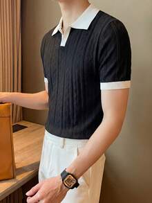ALTZTAR 男士撞色短袖针织麻花纹理 Polo 衫 - 黑色 - 查看 6