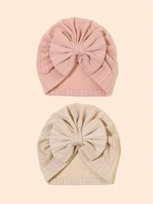 2个/包 1-6个月婴儿针织提花发带帽，婴儿蝴蝶结头巾帽，帽子，新生儿针织帽 - 彩色 - 查看 1