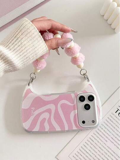 Striped Painted New Fashion Handbag With Detachable Pink Furball Transparent Anti-Drop Phone Case Protective Cover Compatible With IPhone 17/17 ProMAX/16/16 Pro/16 ProMax/15/XR/7P8P/P12 ProMax/P13 ProMax/P14 ProMax/P13/P14/P11/P12/P14, Cute & Fashionable Thick Phone Case For XS/S/XS Max/7 8 GES2
