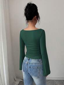 Women's Spring Fall Long Sleeve Shirts Crop Going Out Tops Casual Boat Neck Bell Sleeve Ribbed Ruched Y2K Clothes - Dark Green - View 2