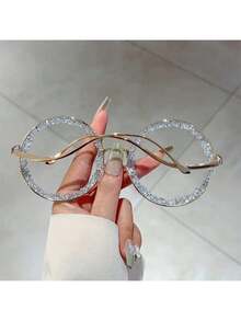 1 Piece Women's New Full Frame Round Luxury Glasses Exquisite Metal Frame Large-Studded Unique Men's MUNC - 金白色 - 查看 2