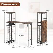 COSTWAY Bar Table With Foldable Tabletop, Tall Kitchen Island Table With Glass Racks, Bottle Holders And Storage Shelves, Wine Bar Table, Metal Coffee Bar For Dining Room And Living Room,Brown - Brown - View 6