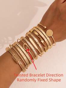 12件套时尚欧美风手链套装，包含箭头、花卉、夸张六芒星图案，扭结可调节多层腕带，珠宝礼品 - 金黃色 - 查看 5