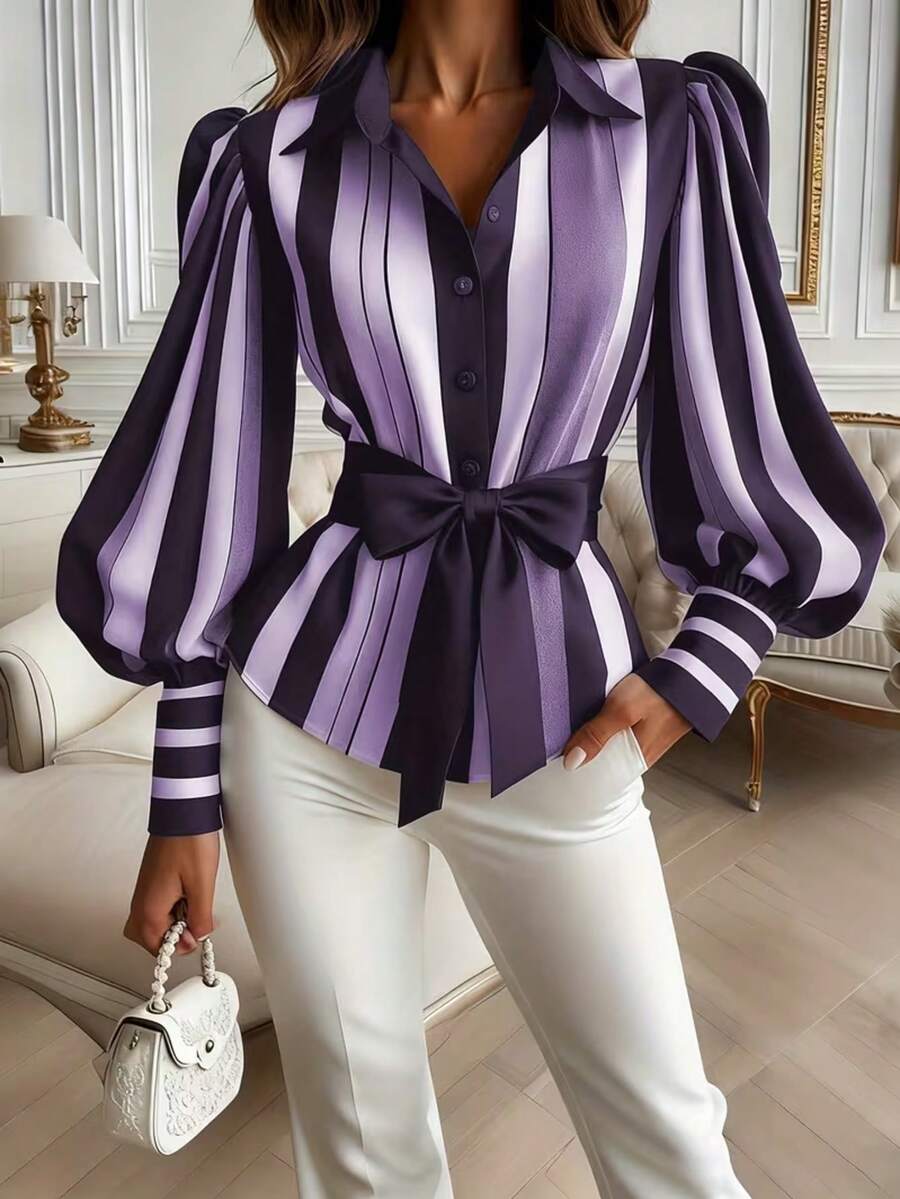 Contrast Striped Front Button Bow Tie Waist Elegant Long Sleeve Shirt, Suitable For Home And Daily Wear Spring - Purple - View 1