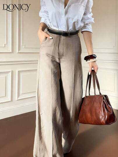 DONICY 女士春夏新款下装，纯色高腰直筒口袋裤，时尚复古优雅简约百搭套装裤，适合日常休闲、办公通勤、约会、购物、展览等场合。