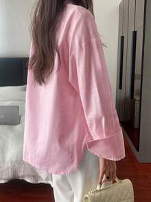 Look Polly 女士春季纯色长袖衬衫，单排扣休闲时尚款，可追溯棉质面料，带口袋设计，返校穿搭，复古日常百搭粉色衬衫 - 粉色 - 查看 2